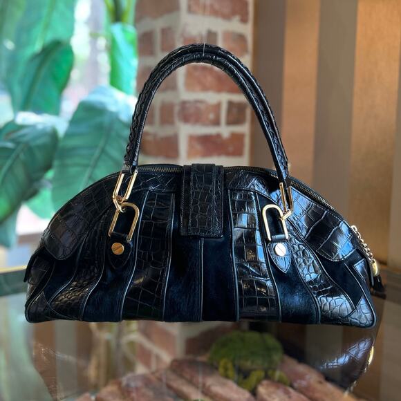 VERSACE Black Pony Hair Croc Embossed Suede Leather Dome Satchel - Picture 3 of 11